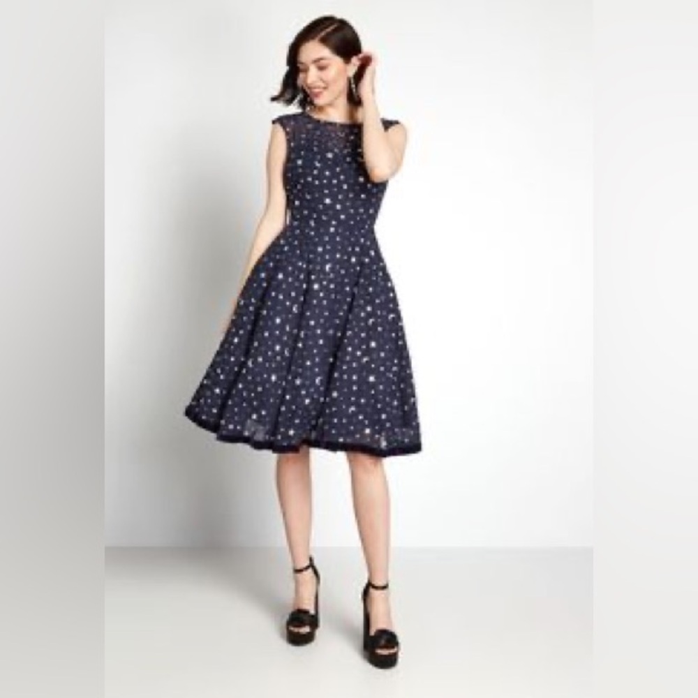 Collectif Starry Night Tulle Midi Dress Size L - Navy Vintage flare